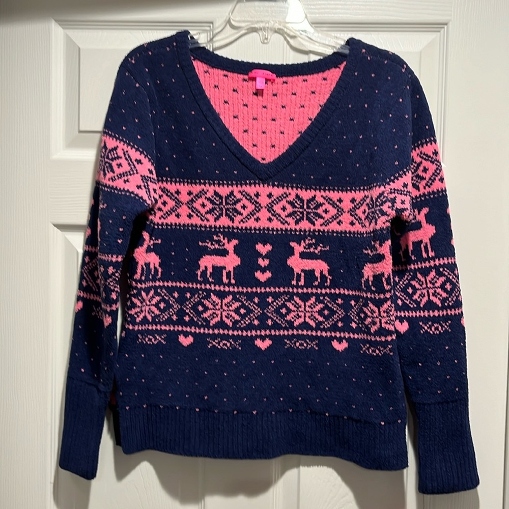 Betsey Johnson Navy and Pink V-Neck Sweater
